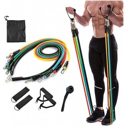 Resistance Bands 11 pcs Set, Stretching and Exercise, Toning Tube kit with Door Anchor, Foam Handles, Leg Ankle Strap and Carry Bag and Box Packaging for Men and Women Workout at Home and Gym