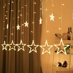Decorative 3 Meters Star LED Curtain Lights, Star Light 6 Small and 6 Big Star with 8 Flashing Modes - Perfect Decoration Gift for Christmas, Wedding, Diwali, Festive Decor (Warm White)