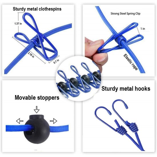 Cloth Drying Rope with Hooks, Elastic Cloth Hanging Rope for Cloth Drying with 12 Clips Cloth Rope for Drying Clothes for Travel, Home, Outdoor
