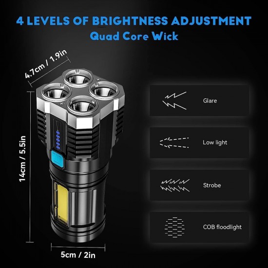 Emergency Torch Rechargeable Multifunctional Portable LED Flashlight Torch Long Distance Beam Range with 4 Lighting Modes and COB Light for Outdoor, Indoor, Hiking, Walking, Camping