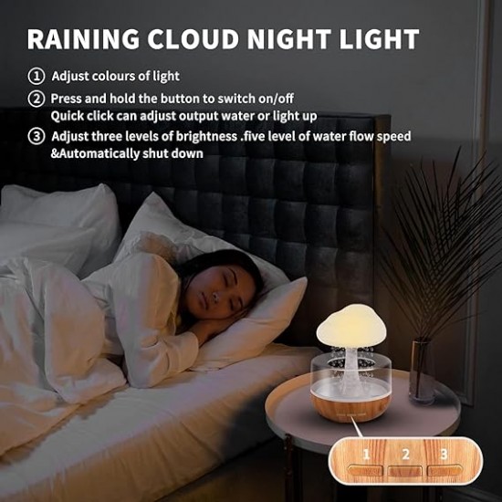 Cloud Raindrop Humidifier, Cloud Rain Diffuser, Mushroom Waterfall Lamp, Anxiety and Stress Relief, Mushroom lamp, Improves Sleep & Focus, Relaxing Sound (Rain Cloud)