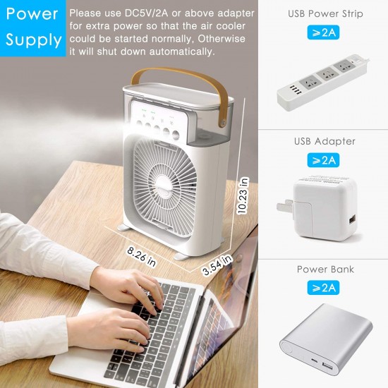 Mini Air Cooler, USB Desk Fan, Personal Evaporative Cooler with 7 Colors LED Light, 1/2/3 H Timer, 3 Wind Speeds and 3 Spray Modes for Office, Home, Dorm, Travel