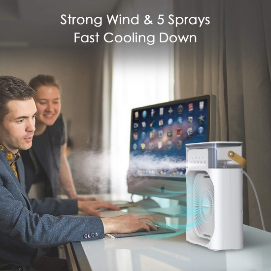 Mini Air Cooler, USB Desk Fan, Personal Evaporative Cooler with 7 Colors LED Light, 1/2/3 H Timer, 3 Wind Speeds and 3 Spray Modes for Office, Home, Dorm, Travel