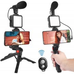 Vlogging Kit 4 in 1 Portable Set Mobile Video Recording Kit Smartphone Camera Video Kit, Mini Tripod With Shotgun Podcast Microphone, Phone Holder, Led Light For Youtube Video, Vlog, Photography Kit