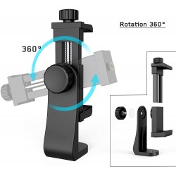 360° Degree Cell Phone Holder with Adjustable Clamp Phone Tripod Mount Adapter Compatible with Smartphones & All Types of Tripods - Black