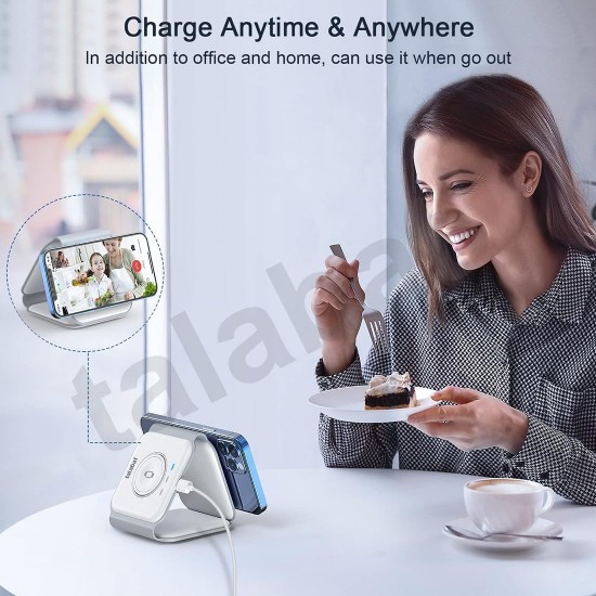 Wireless Charger 3 In 1,Talabat Magnetic Travel Wireless Charging Station Multiple Devices, Compatible For I-Phone 14/13/12/Pro/Max, iwatch, Airpods 3/2/Pro, White